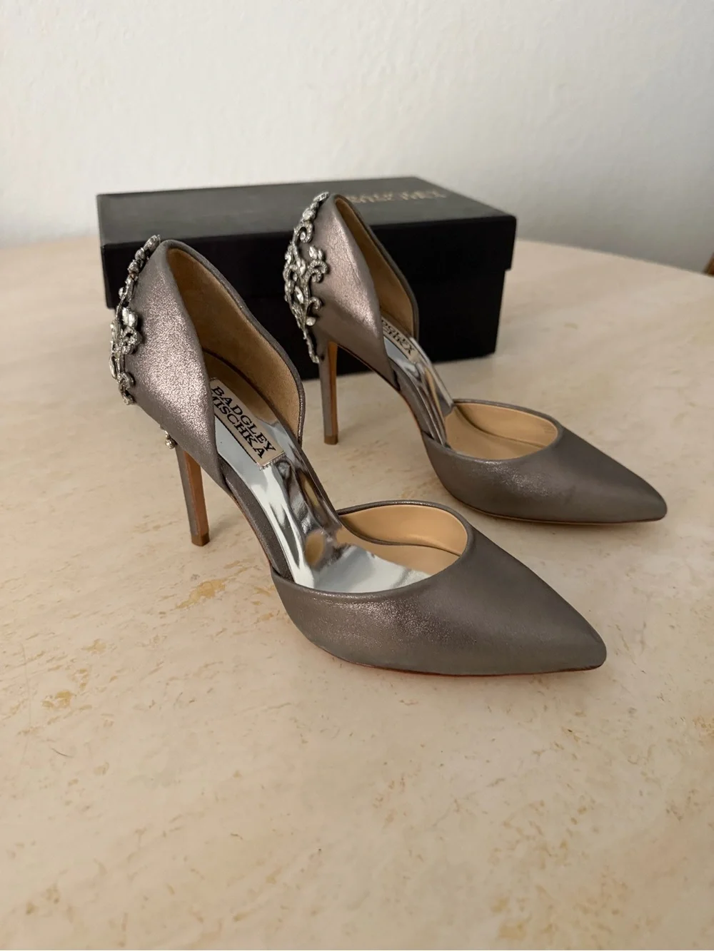 Badgley Mischka Metallic Taupe D'Orsay Pumps with Embellished Heel